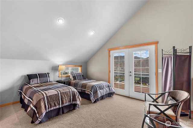 carpeted bedroom with lofted ceiling, access to outside, multiple windows, and french doors