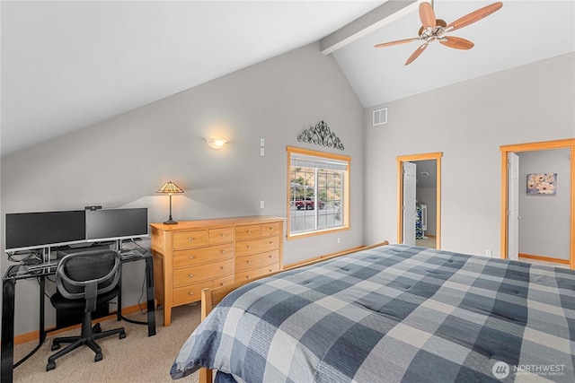 bedroom featuring a spacious closet, visible vents, light colored carpet, beam ceiling, and high vaulted ceiling