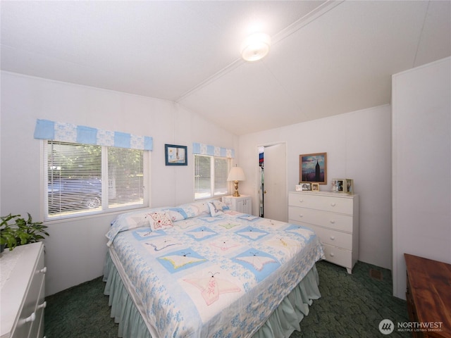 bedroom featuring dark carpet and vaulted ceiling