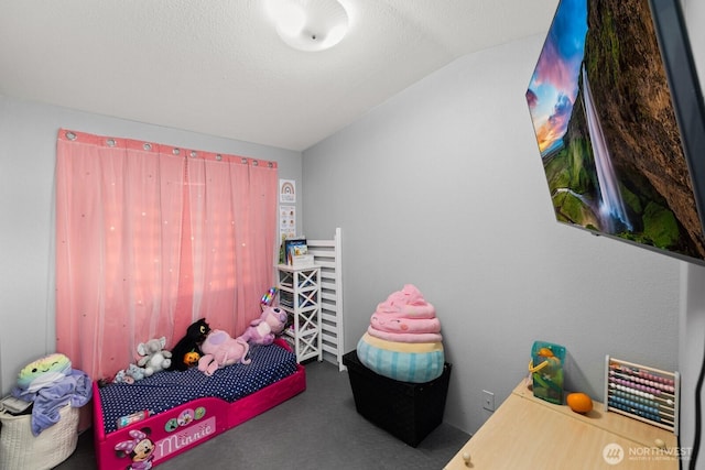 bedroom featuring vaulted ceiling, a textured ceiling, and carpet flooring