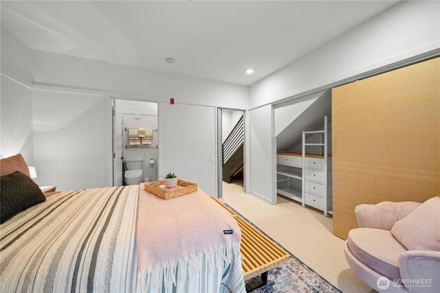 carpeted bedroom featuring recessed lighting