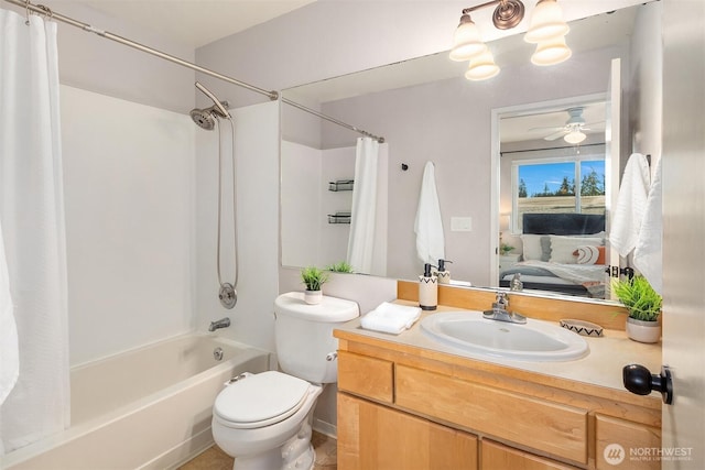 bathroom with toilet, ceiling fan, ensuite bath, shower / bath combo with shower curtain, and vanity