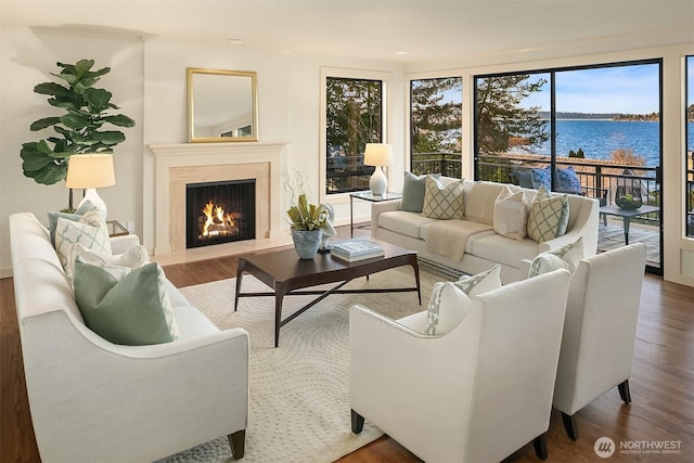 living area featuring a water view, a lit fireplace, and wood finished floors