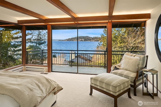 sunroom / solarium with a water view and beam ceiling