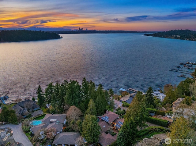 aerial view at dusk featuring a water view