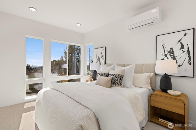 carpeted bedroom with baseboards, a wall mounted air conditioner, and recessed lighting