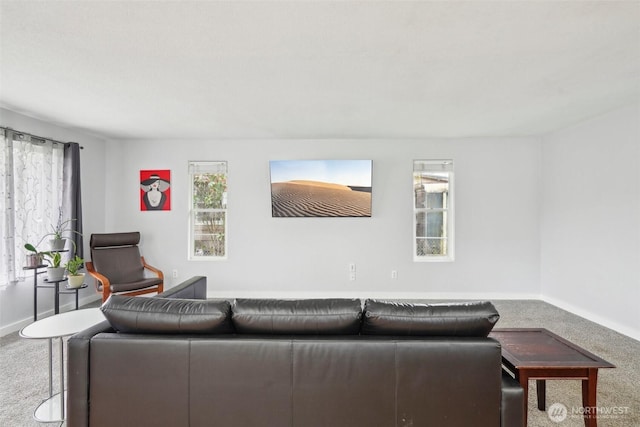 living room with baseboards and carpet flooring