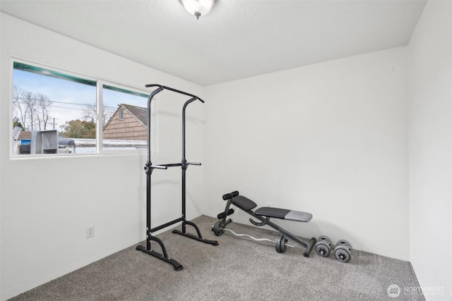 exercise room featuring carpet flooring and a textured ceiling