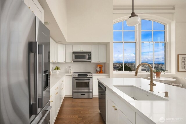 kitchen with pendant lighting, a sink, dark wood finished floors, appliances with stainless steel finishes, and light countertops