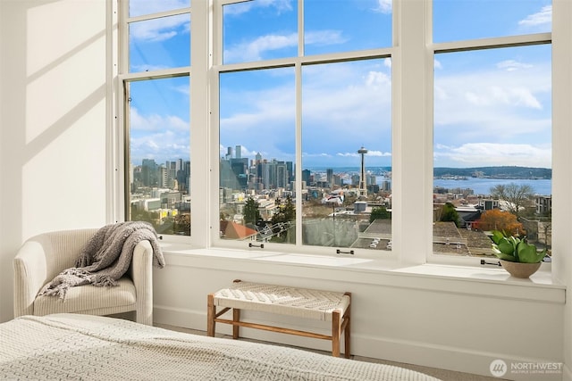 bedroom with a view of city