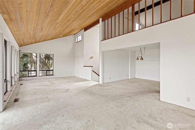 unfurnished living room featuring carpet floors, wooden ceiling, high vaulted ceiling, and visible vents