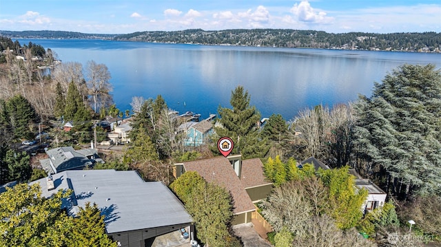 birds eye view of property featuring a water view