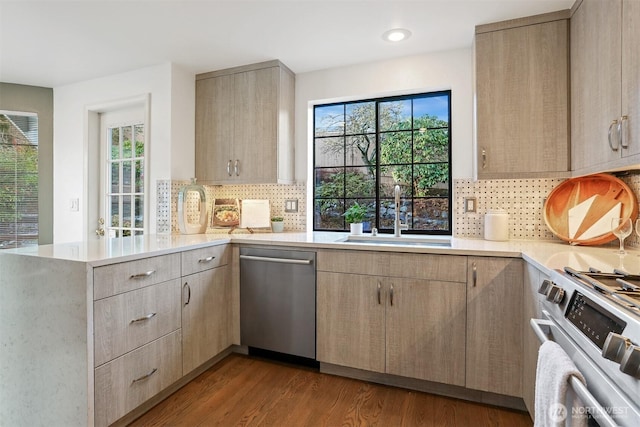 kitchen with a peninsula, wood finished floors, light countertops, appliances with stainless steel finishes, and plenty of natural light