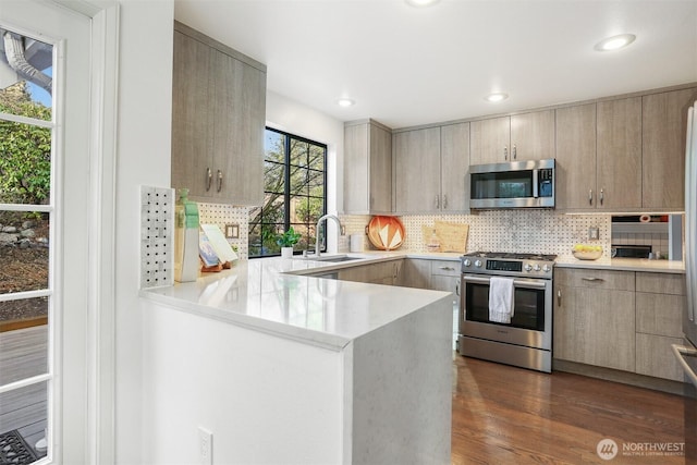 kitchen featuring stainless steel appliances, dark wood-type flooring, backsplash, and a peninsula