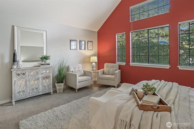 sitting room with high vaulted ceiling, carpet, and baseboards