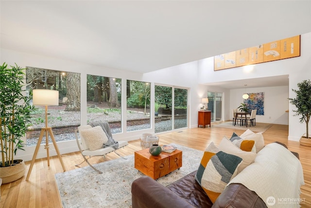 living room featuring wood finished floors and baseboards