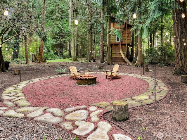 view of yard featuring a playground and an outdoor fire pit