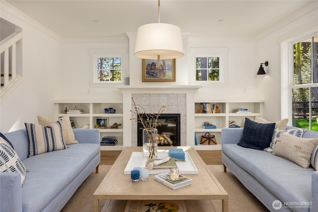 living area with wood finished floors, ornamental molding, and a fireplace