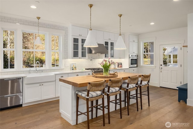 kitchen featuring a sink, appliances with stainless steel finishes, wood finished floors, and under cabinet range hood