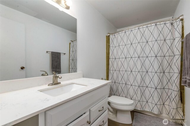 full bathroom featuring shower / bath combination with curtain, toilet, and vanity