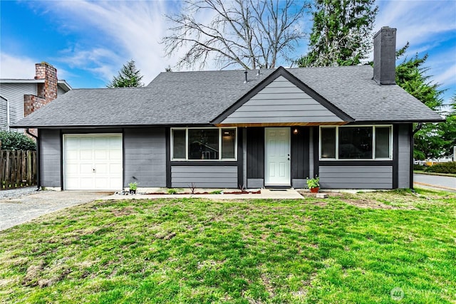 single story home featuring a garage, a shingled roof, driveway, a front lawn, and a chimney