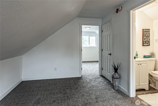 additional living space featuring carpet floors, baseboards, a textured ceiling, and lofted ceiling