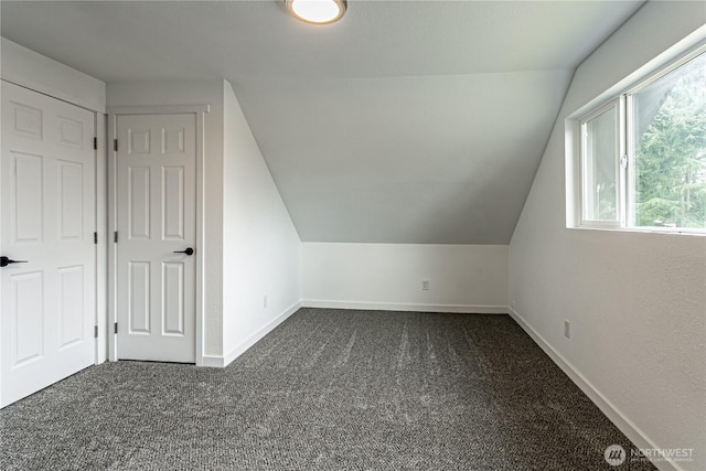 additional living space featuring vaulted ceiling, baseboards, and dark colored carpet