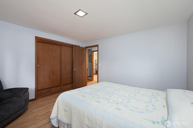 bedroom featuring light wood finished floors and a closet