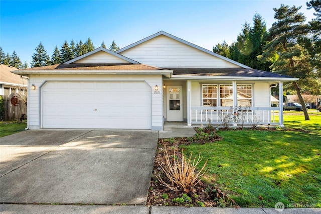 single story home featuring an attached garage, a front yard, a porch, and driveway