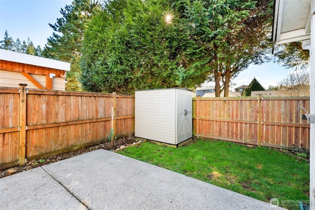 view of yard featuring an outdoor structure, a storage unit, a patio area, and a fenced backyard