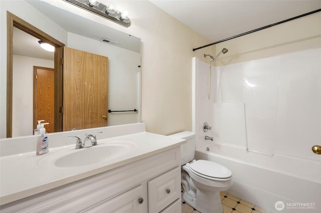 bathroom with shower / bath combination, visible vents, toilet, and vanity