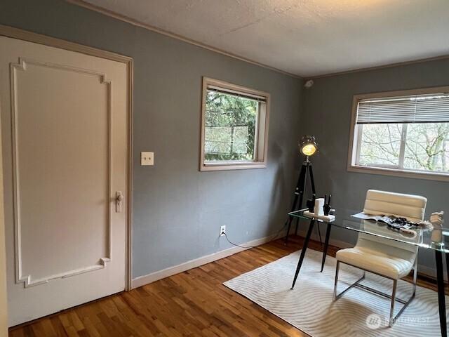 home office with plenty of natural light, baseboards, and wood finished floors