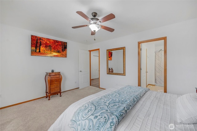 carpeted bedroom featuring baseboards and ceiling fan