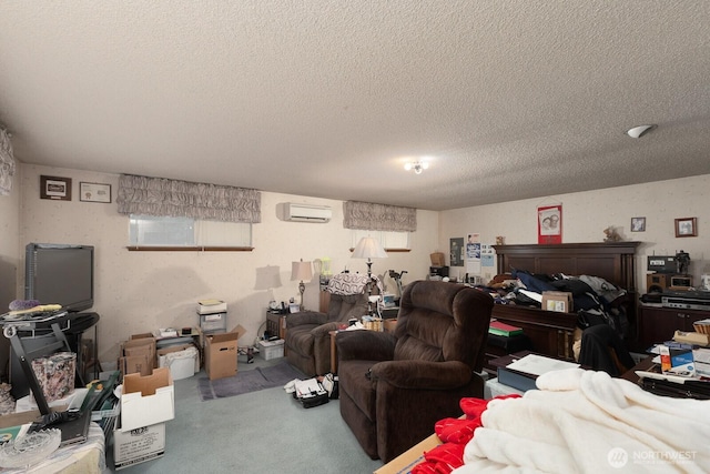 living area featuring a textured ceiling and a wall unit AC