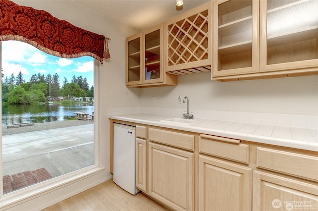 kitchen featuring light countertops, glass insert cabinets, light wood-style floors, a sink, and dishwasher