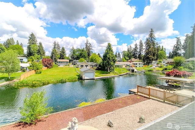 property view of water featuring fence and a residential view