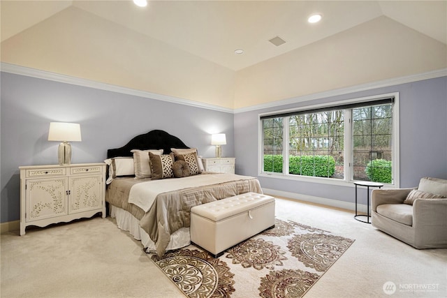 bedroom featuring lofted ceiling, light colored carpet, baseboards, and visible vents