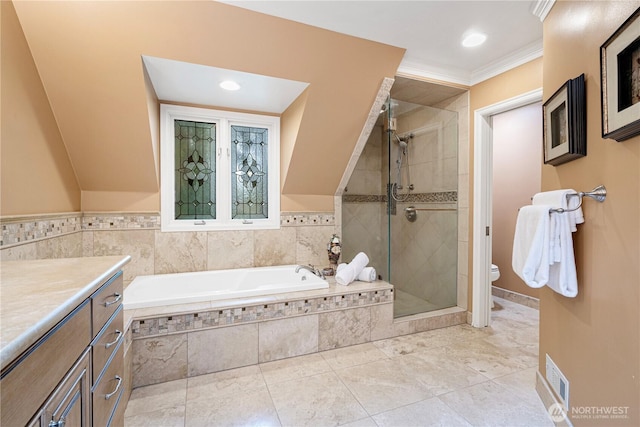 full bath featuring visible vents, toilet, ornamental molding, a stall shower, and a bath