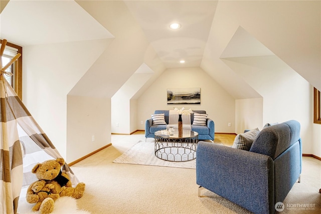 living area featuring vaulted ceiling, recessed lighting, baseboards, and carpet floors