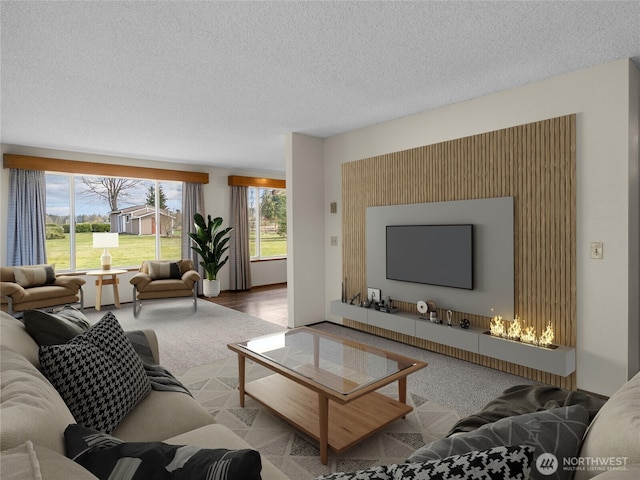 living area featuring a textured ceiling