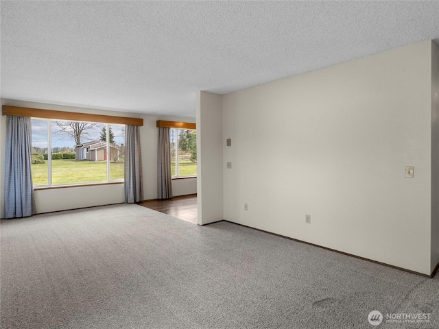 carpeted empty room with baseboards and a textured ceiling