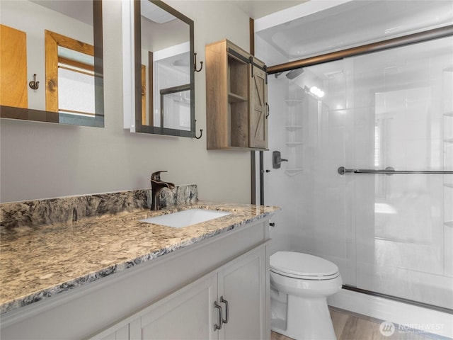 bathroom featuring a shower stall, vanity, toilet, and wood finished floors