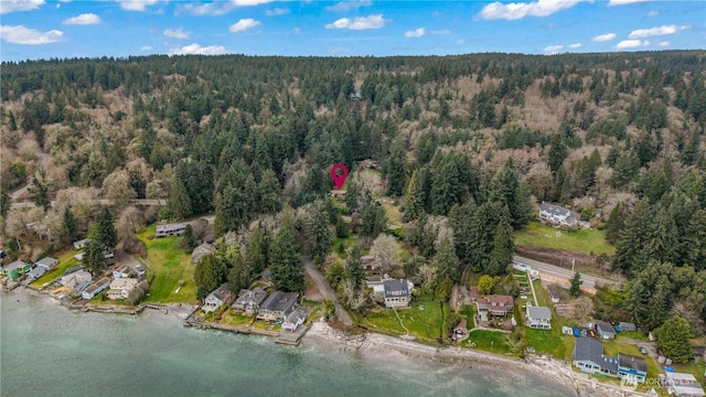 birds eye view of property featuring a water view and a view of trees