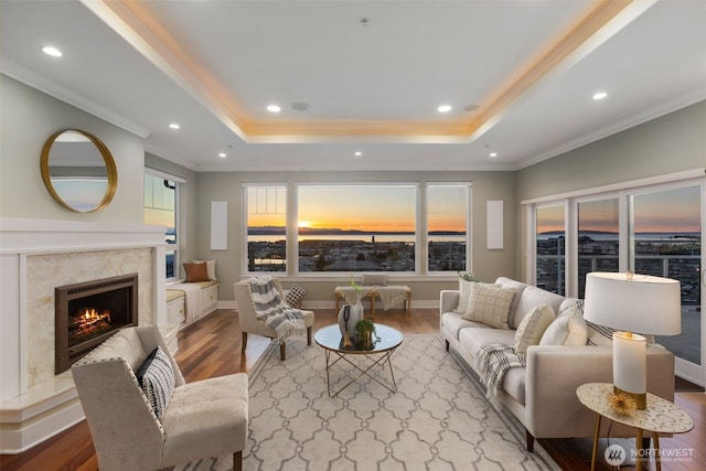 living area featuring ornamental molding, recessed lighting, a fireplace, wood finished floors, and a raised ceiling