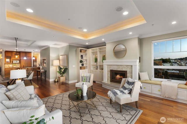 living area featuring a fireplace, a raised ceiling, wood finished floors, and ornamental molding