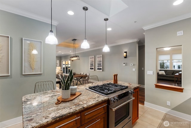 kitchen featuring crown molding, high end stainless steel range, baseboards, and light stone countertops