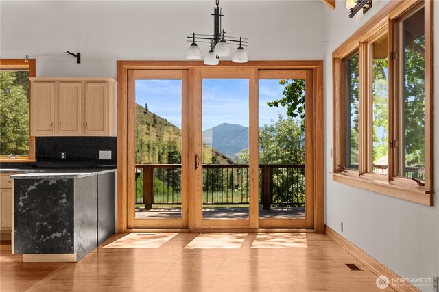 50 Sage Canyon Dr, Winthrop, WA 98862 - doorway to outside with a mountain view, plenty of natural light, a chandelier, and light wood-style floors