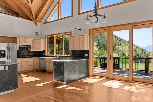 50 Sage Canyon Dr, Winthrop, WA 98862 - kitchen featuring stainless steel appliances, healthy amount of natural light, a wood ceiling with exposed beams, a mountain view, and high vaulted ceiling