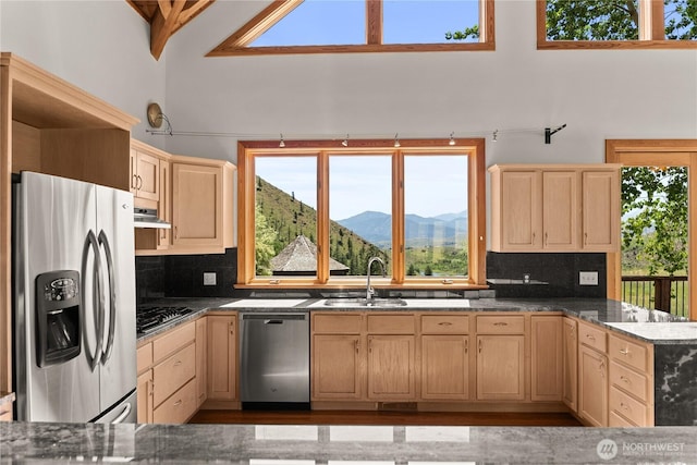 50 Sage Canyon Dr, Winthrop, WA 98862 - kitchen featuring appliances with stainless steel finishes, light brown cabinets, under cabinet range hood, and backsplash