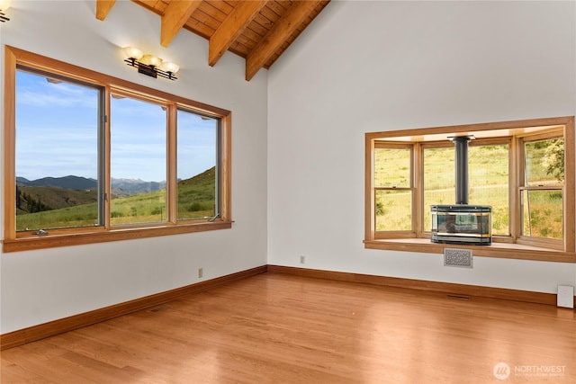 50 Sage Canyon Dr, Winthrop, WA 98862 - spare room featuring wooden ceiling, wood finished floors, a wood stove, healthy amount of natural light, and a mountain view